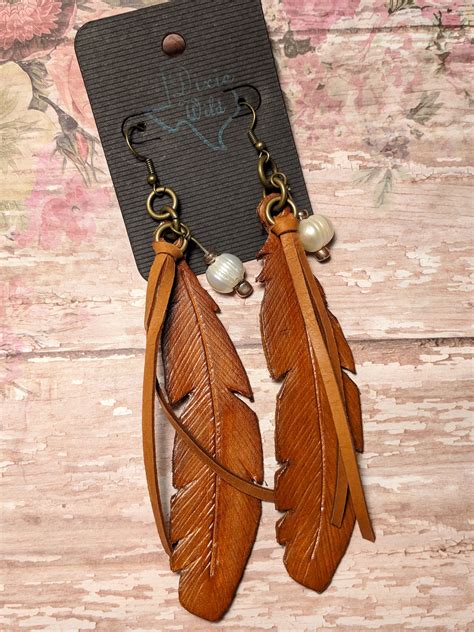 Leather Feather Fringe And Freshwater Pearl Earrings Western