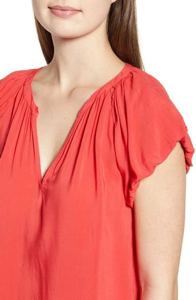 Velvet By Graham And Spencer Puff Sleeve Split Neck Blouse In Cranapple Modesens