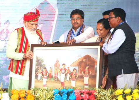 Prime Minister Narendra Modi Being Felicitated By Tripura Chief Minister Manik Saha