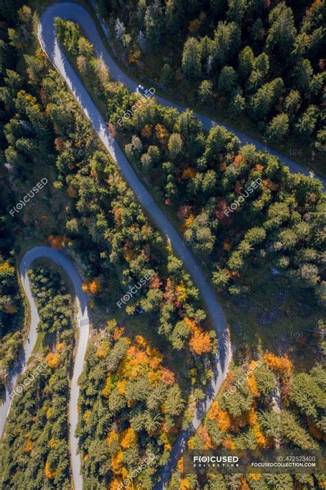 Aerial View Of Cars Driving Along A Winding Road Through An Autumn