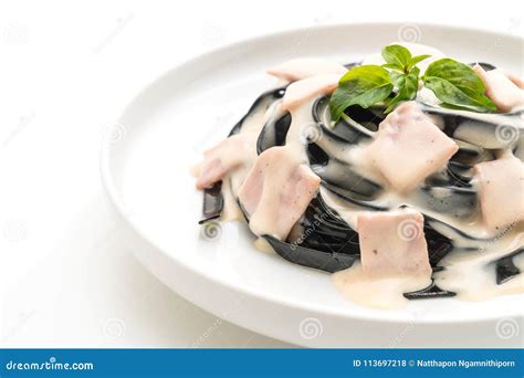 Black Fettuccine Spaghetti Carbonara Ham Stock Photo Image Of Lunch