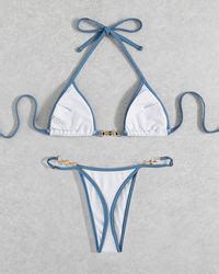 Contrast Binding Halter Micro Triangle White Color Bikini Swimsuit Two