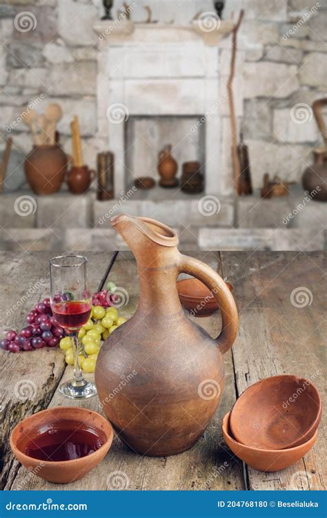 A Traditional Georgian Wine Jug And Clay Cups Stock Photo Image Of