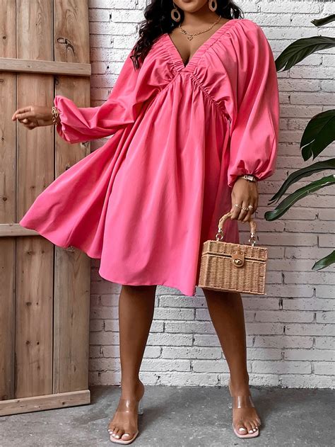 Shein Lune Plus Plunging Neck Lantern Sleeve Ruched Bust Dress Shein Usa