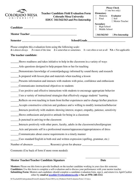 Fillable Online Coloradomesa Teacher Candidate Evaluation Form