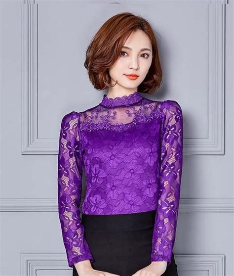 Hollow Out Long Sleeve Stand Collar Floral Lace Blouse