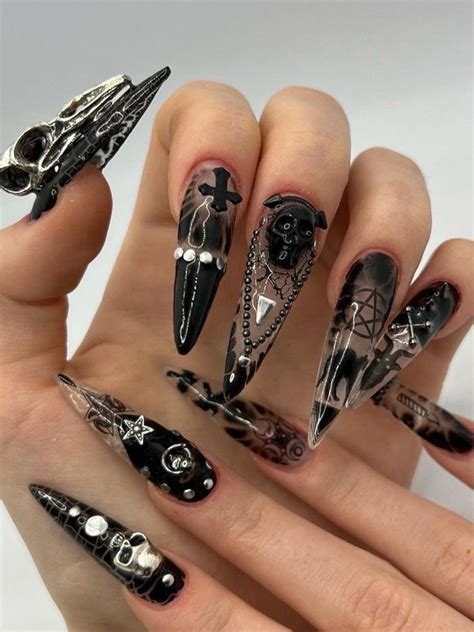 Gothic Nails Black Clear Goth Nails Punk Nails Grunge Nails Bling