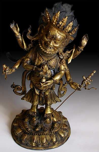 Antique Sino Tibetan Six Armed Mahakala Bronze Buddha Statue