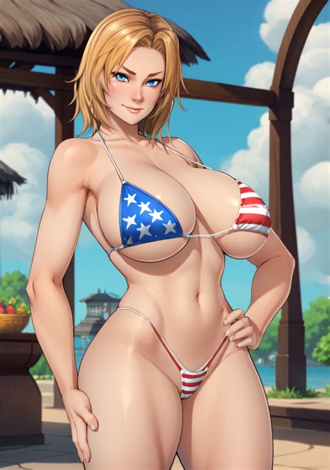 Hentai Busty Girl Alluring American Flag Bikini Bare Legs Big