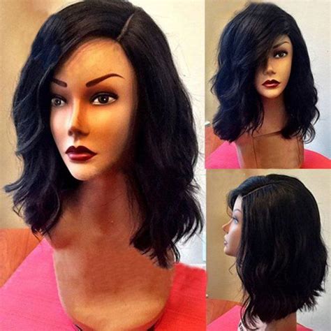 Medium Side Parting Shaggy Wavy Bob Synthetic Wig Black Mobile Bob Hairstyles For Thick Wavy