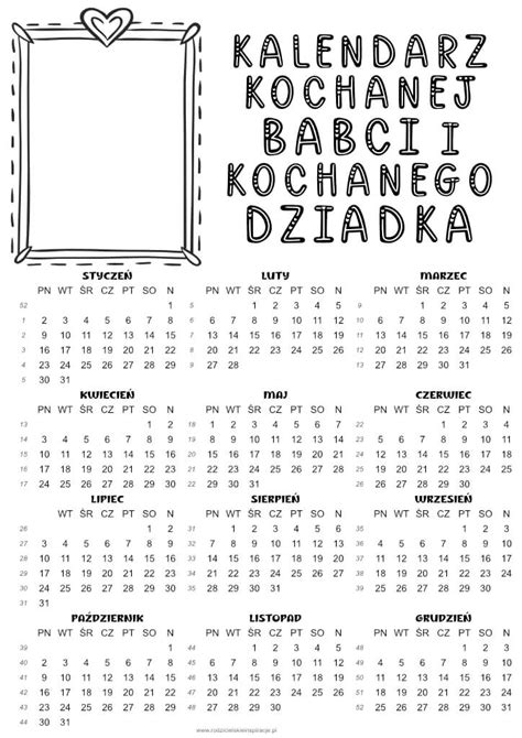 Kalendarz na Dzień Babci i Dziadka PDF do druku za darmo