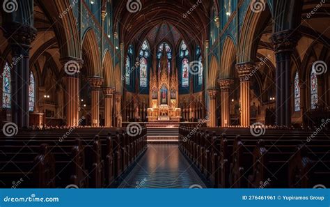 Majestic Cathedral With Stained Glass Windows And Altar Generated By Ai Stock Illustration