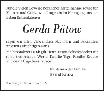 Traueranzeigen von Gerda Pätow Trauer Nordkurier