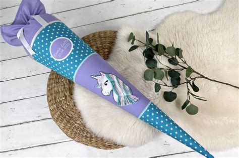 Schultüte aus Stoff mit Namen Einhorn Zoe mint flieder 85cm 70cm