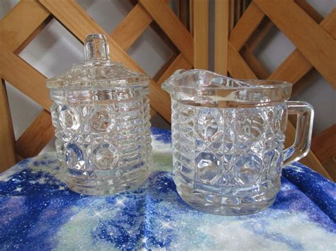 Vintage Windsor Cane And Button Pattern Clear Federal Glass Creamer And Covered Sugar Bowl Etsy