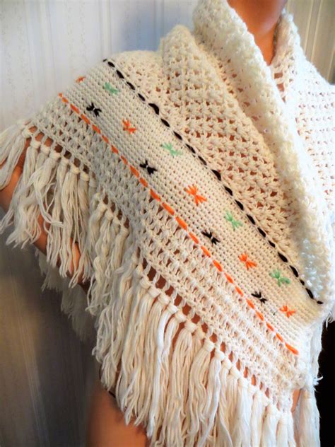 70s Boho Crochet Shawl Fringe Cape Open Weave Ivory With Etsy Crochet Shawl Boho Crochet