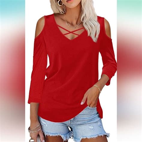 Amoretu Womens Summer Shirts V Neck Criss Cross Cold Shoulder Tops