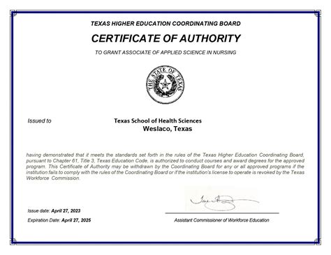 Certificate of Authority - Texas School of Health Sciences