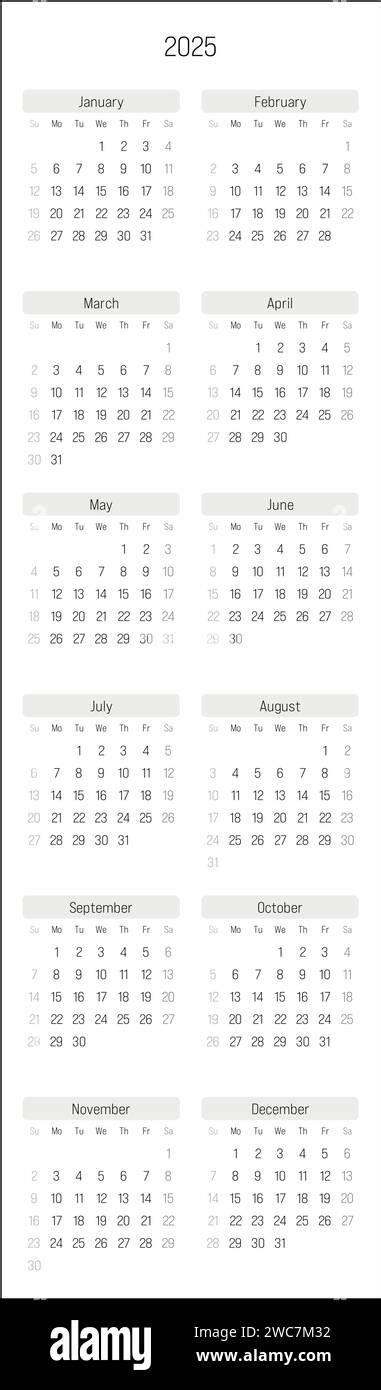 Monthly Calendar Of Year 2025 Week Starts On Sunday Block Of Months In Two Columns Vertical