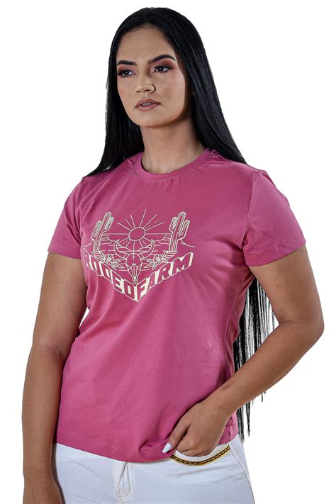 Camiseta Feminina Baby Look Rosa Rodeo Farm Estampada Bege Rodeo Farm