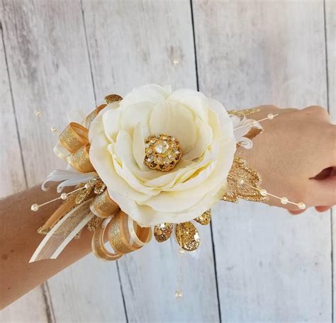 Prom Gold Ivory Gatsby Wrist Corsage With Matching Boutonniere