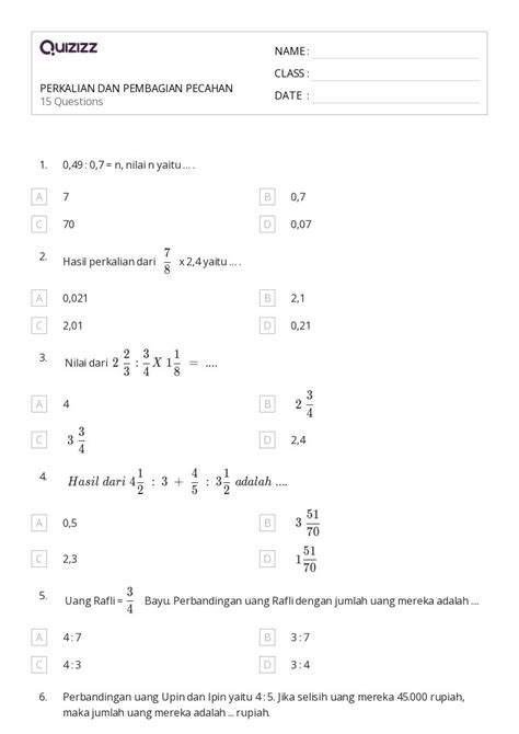 Lembar Kerja Konversi Desimal Dan Pecahan Untuk Kelas Di Quizizz