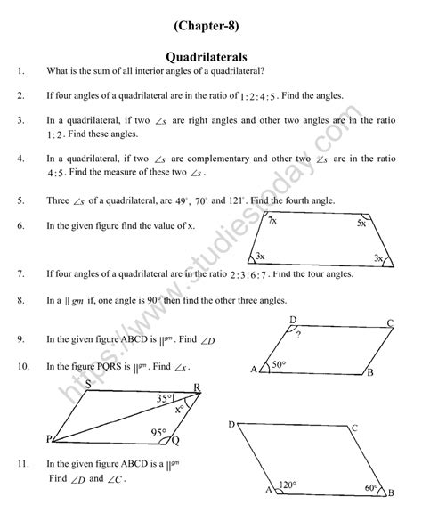 Worksheet For Class 8 Math Paper With Answers On Quadrilaters And Triangles