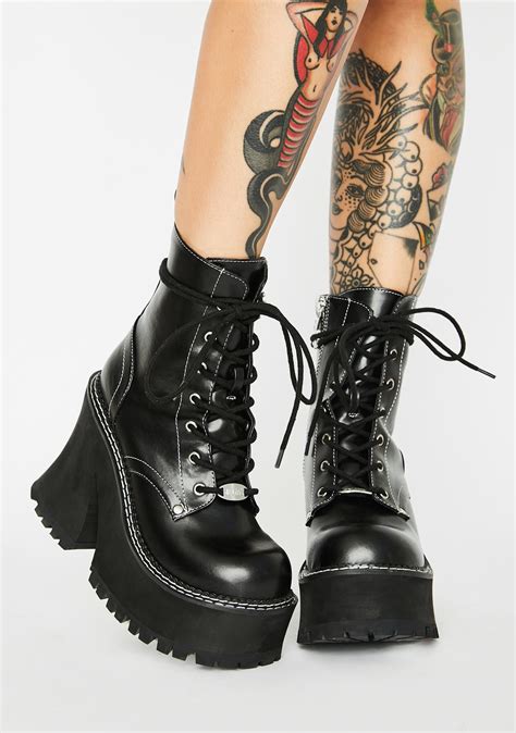 Delias Vegan Leather Platform Heel Boots Black Dolls Kill