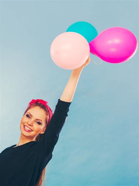 Lovely Smiling Girl Holds Colorful Balloons Stock Photo - Image of ...