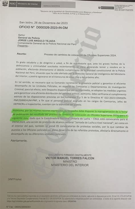 Ministro del Interior Víctor Torres pide al jefe de la PNP que se