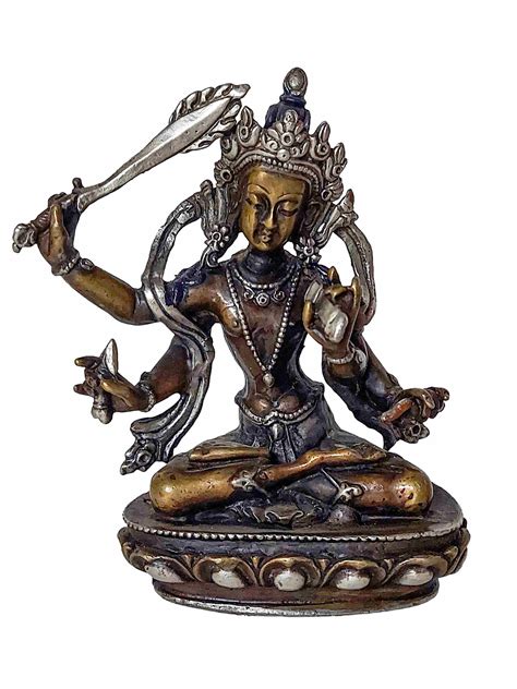 Buddhist Miniature Statue Of Maha Manjushree Chocolate Oxidized