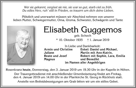 Traueranzeigen von Elisabeth Guggemos Allgäuer Zeitung