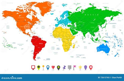 Detailed Vector World Map with Colorful Continents and Flat Map Stock ...