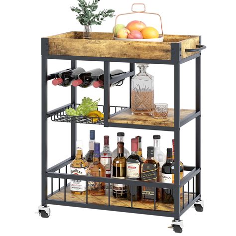 Bar Cart With Basket 3 Tiers Home Rolling Wine Rack With Wheels Mobile Kitchen Industrial