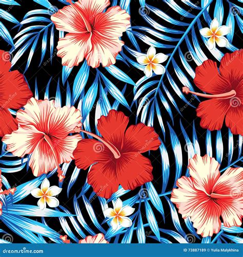 Hibiscus Red And Palm Leaves Blue Seamless Background Stock Vector