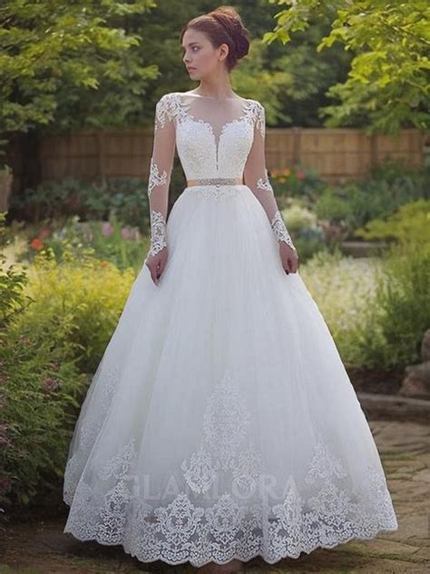 Ball Gown Princess Bateau Long Sleeves Floor Length Romantic Tulle