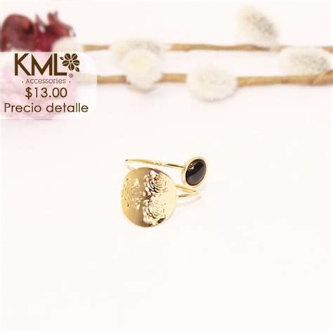 ANILLO DORADO AJUSTABLE OVALO NEGRO KML ACCESORIOS