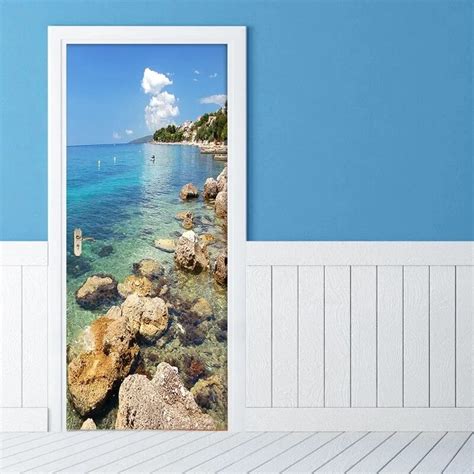 Ocean Beach Door Stickers Shiny Sunshine Blue Sky Mural Decal Sea