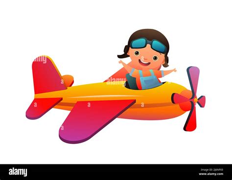 Boy child in Airplane flying in sky. Cartoon style illustration. Cute ...