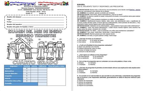 Examen Del Cuarto Grado Del Mes De Enero Para El Segundo Trimestre Del