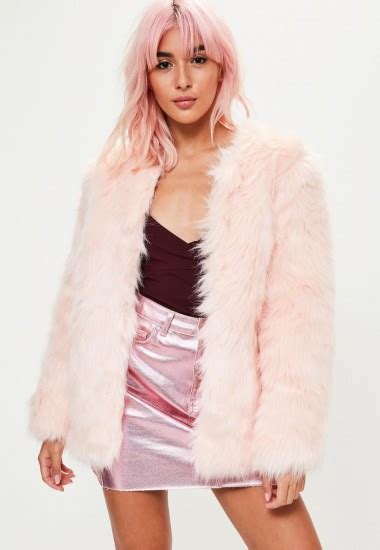 Missguided Pink Collarless Faux Fur Jacket Fluffy Jackets Glamorous