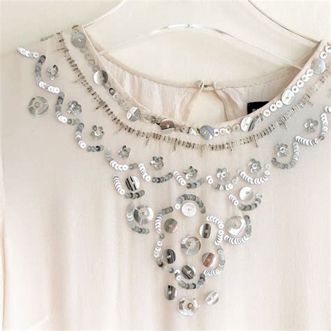 French Connection Silk Chiffon Ivory Sequined Silver Gem