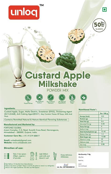 Instant Natural Custard Apple Milkshake Premix Powder 1kg Pack Serve