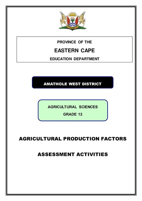 Agric Production Factors Assessment Activities PROVINCE OF THE