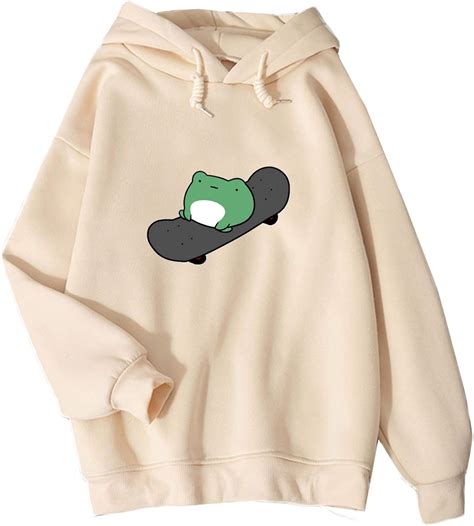 Womens Cute Sweatshirts Skateboarding Frog Long Sleeve Hoodie Pullover