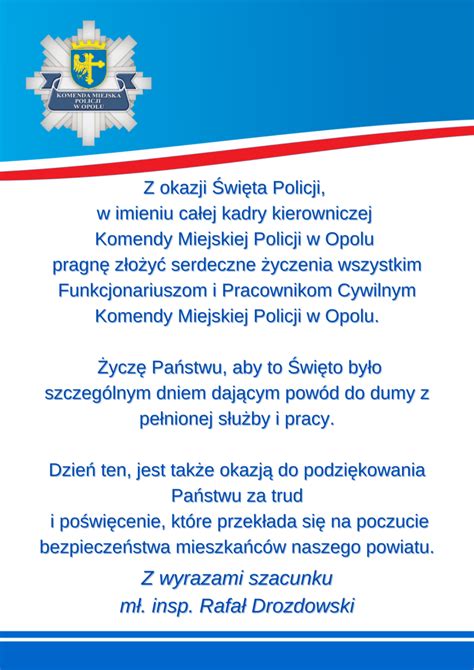 Yczenia Komendanta Miejskiego Policji W Opolu Z Okazji Wi Ta Policji