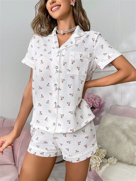 Ditsy Floral Print Pocket Patched Contrast Piping PJ Set Conjuntos De