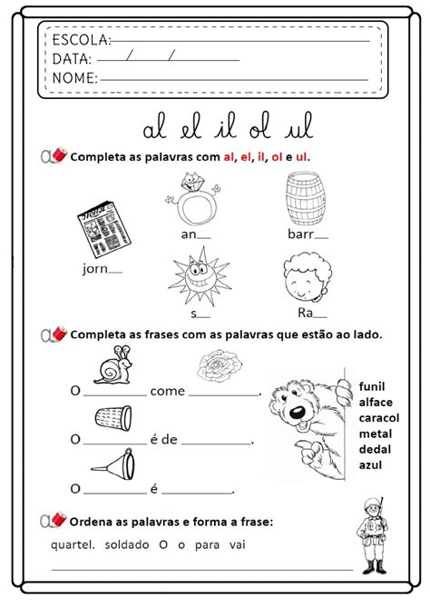 Atividades Com Al El Il Ol Ul Para Alfabetização - Atividades com al el il ol ul - Atividades Escolares