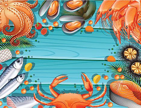 Border Template With Different Seafood Tuna Drawing Octopus Vector