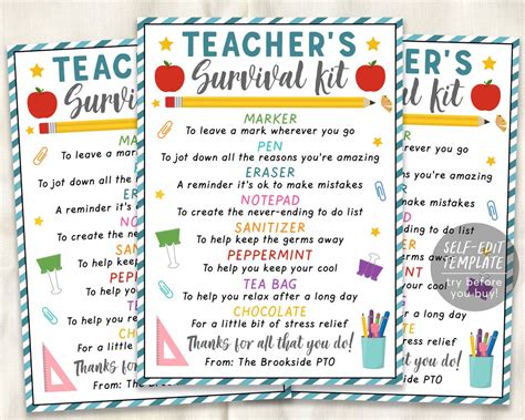 Teacher Survival Kit Editable Template Teacher Appreciation Week Thank